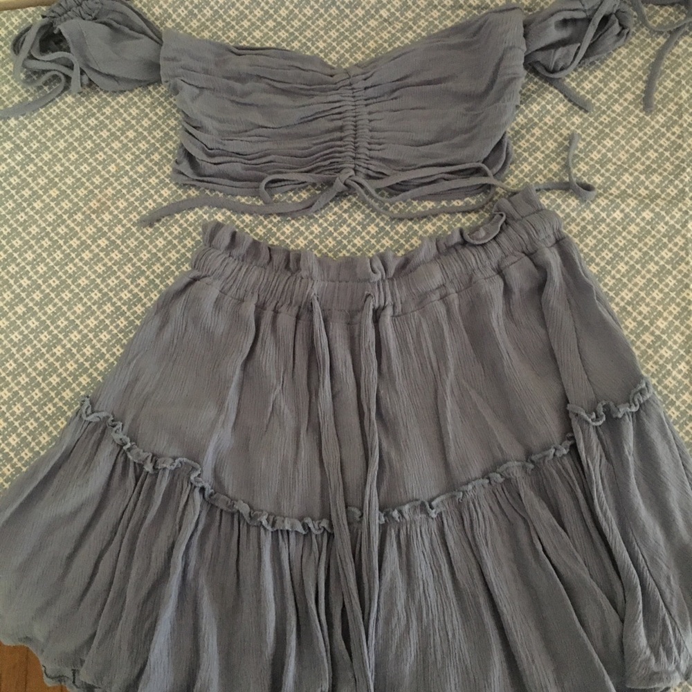 Two piece frilly blue off the shoulder summer dress.